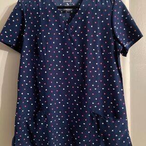 Navy Heart Print Short Sleeve Scrub Top